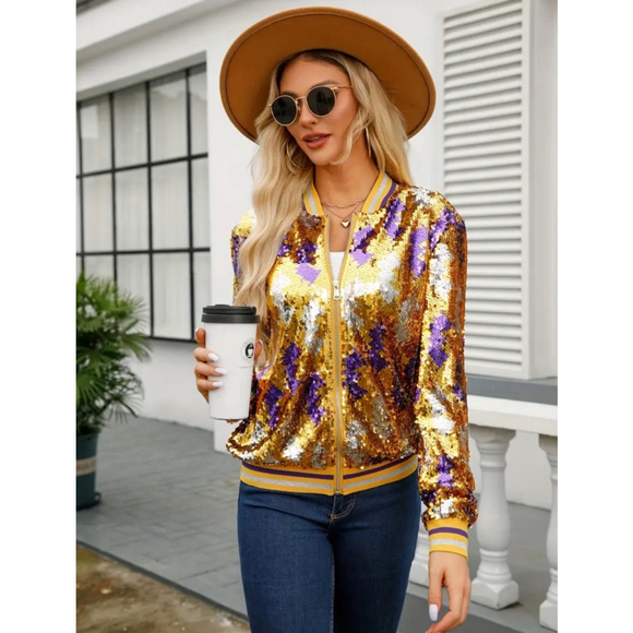 Gold, Purple and Silver Sequins Bomber Jacket - Picture 4 of 9